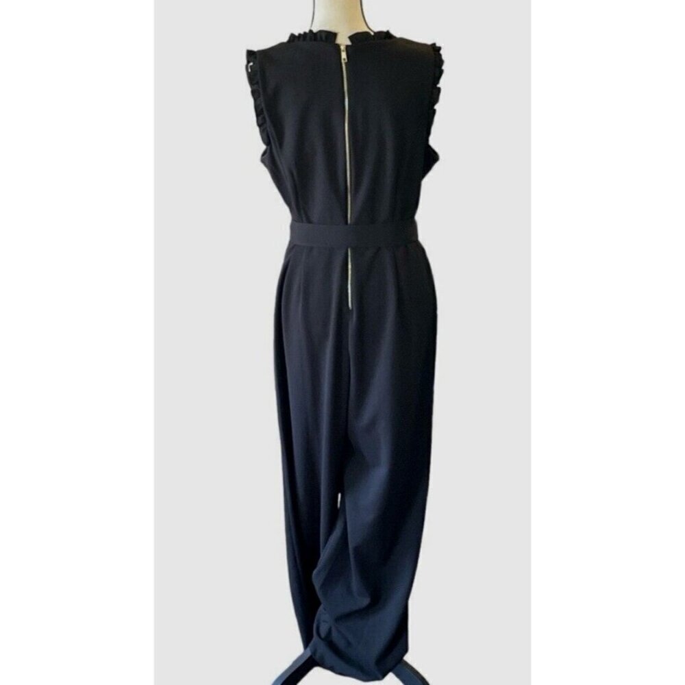 Emma & Michele Womens V Neck Ruffle Jumpsuit Size 10 Black Zipper Tie - Picture 9 of 16